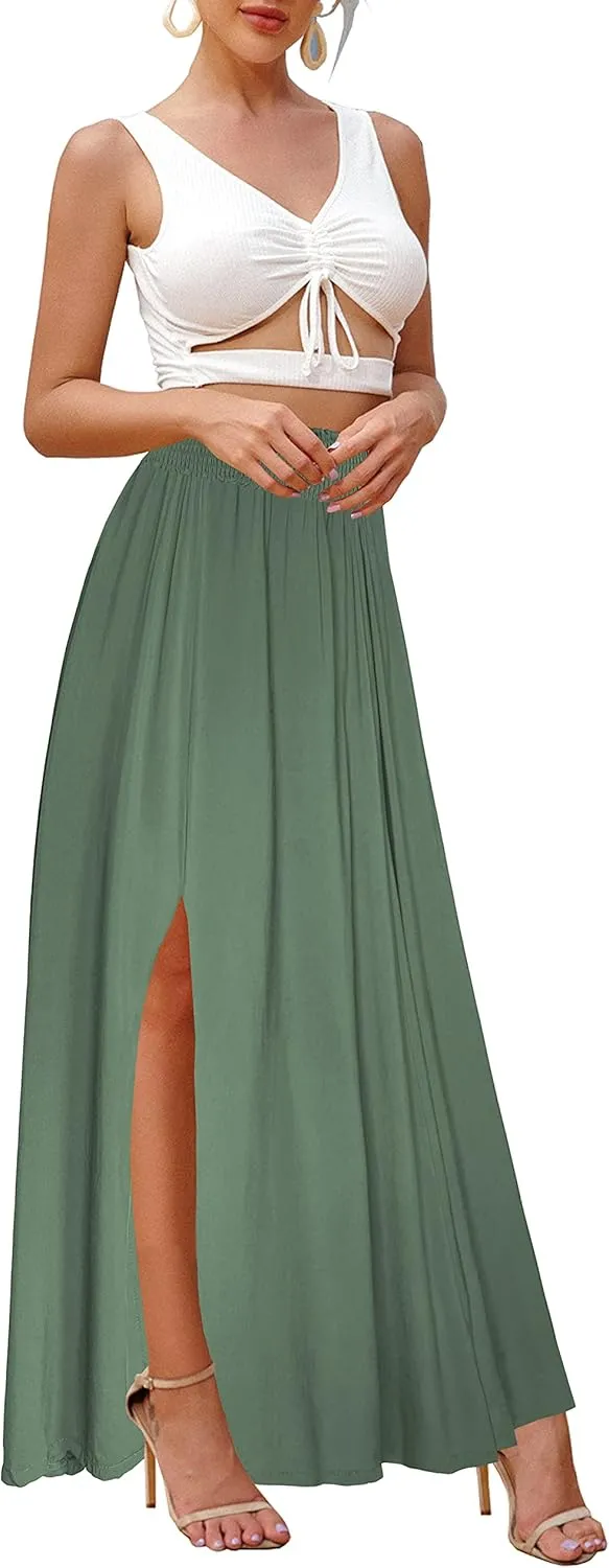 Afibi Women's Print Long Skirts High Waist Split A Line Full Length Maxi Skirt