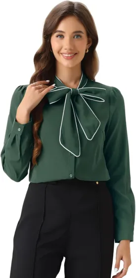 Allegra K Women's Bow Tie Blouse Button Down Long Sleeve Business Casual Work Shirt Top
