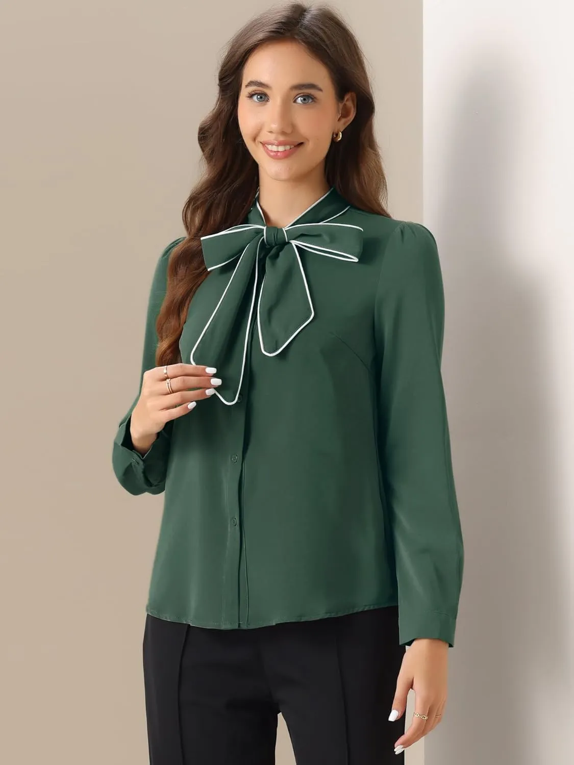 Allegra K Women's Bow Tie Blouse Button Down Long Sleeve Business Casual Work Shirt Top