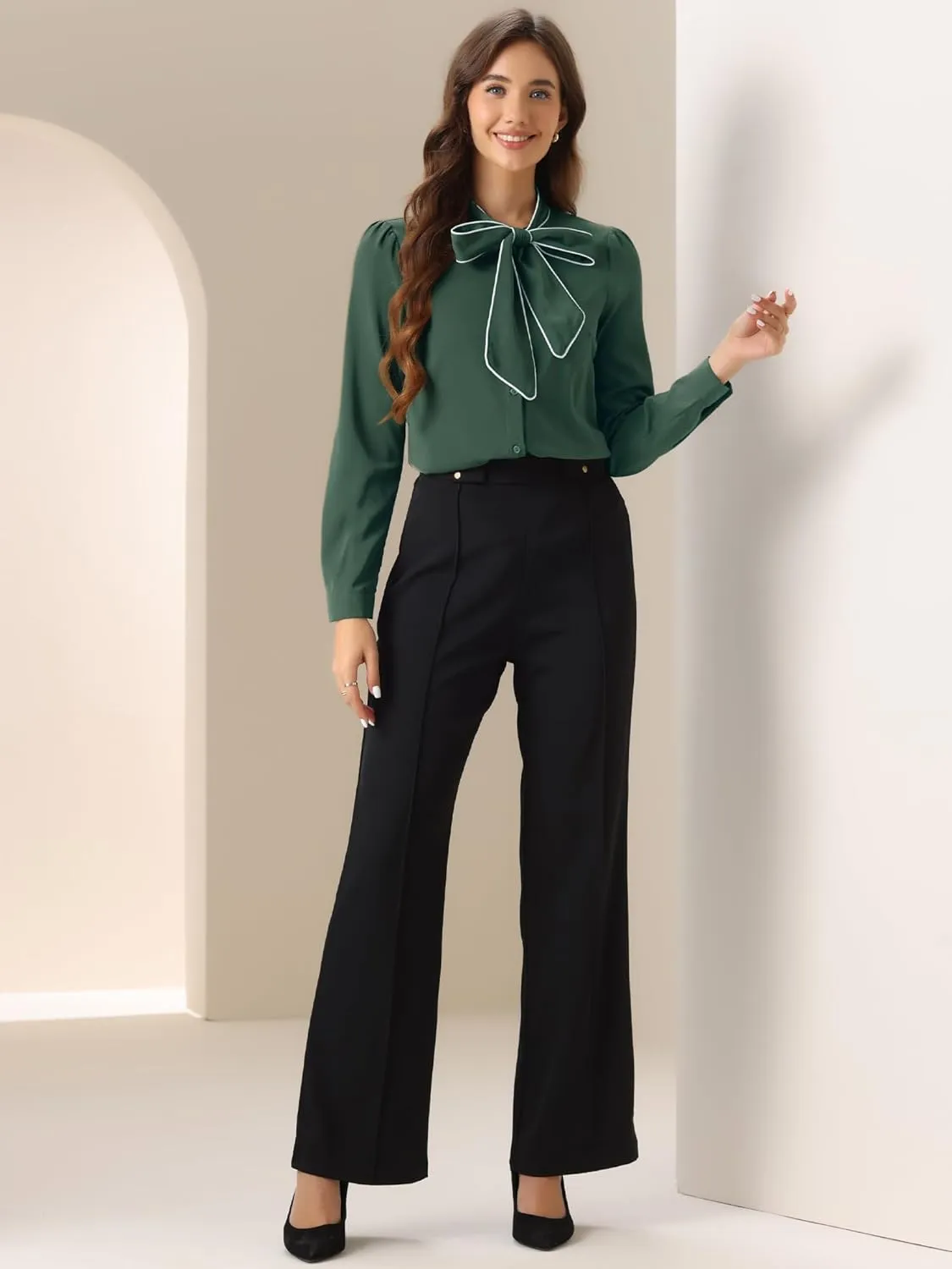 Allegra K Women's Bow Tie Blouse Button Down Long Sleeve Business Casual Work Shirt Top
