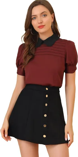 Allegra K Women's Vintage Peter Pan Collar Contrast Puff Short Sleeve Blouse Top