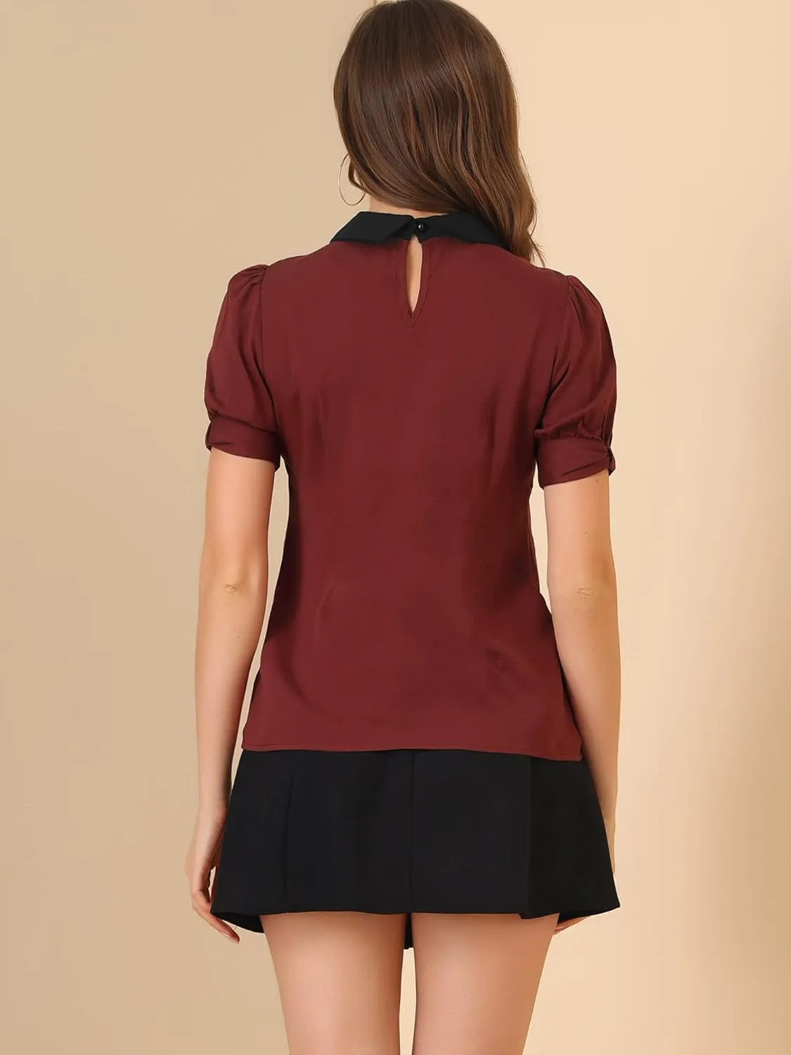 Allegra K Women's Vintage Peter Pan Collar Contrast Puff Short Sleeve Blouse Top