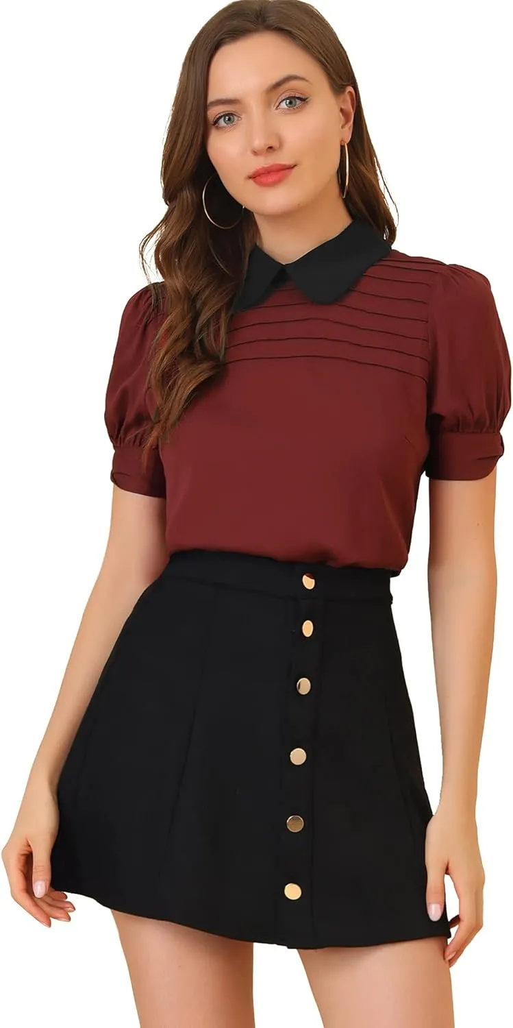 Allegra K Women's Vintage Peter Pan Collar Contrast Puff Short Sleeve Blouse Top