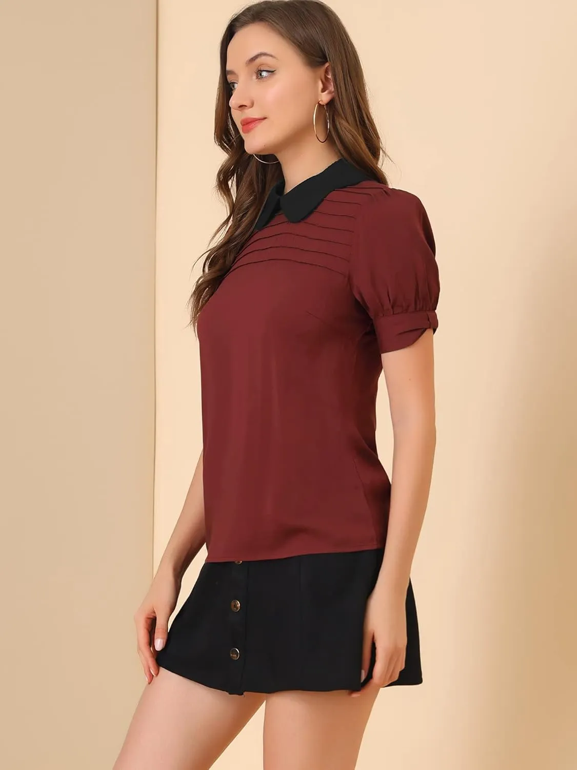 Allegra K Women's Vintage Peter Pan Collar Contrast Puff Short Sleeve Blouse Top