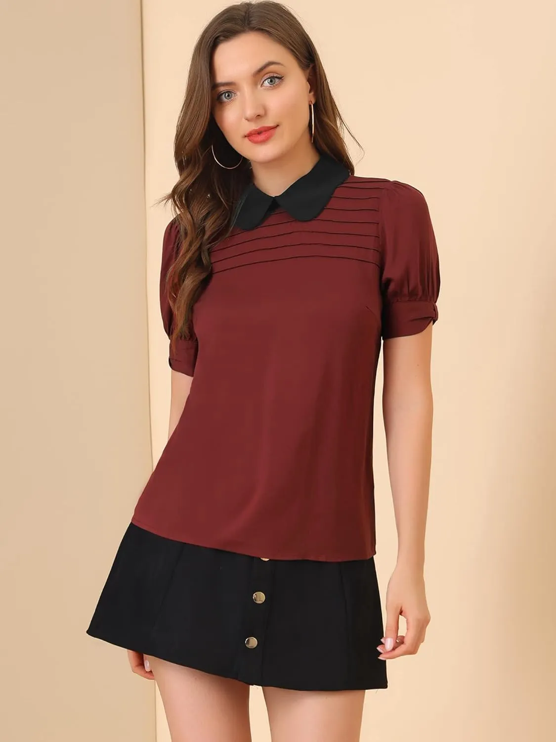 Allegra K Women's Vintage Peter Pan Collar Contrast Puff Short Sleeve Blouse Top