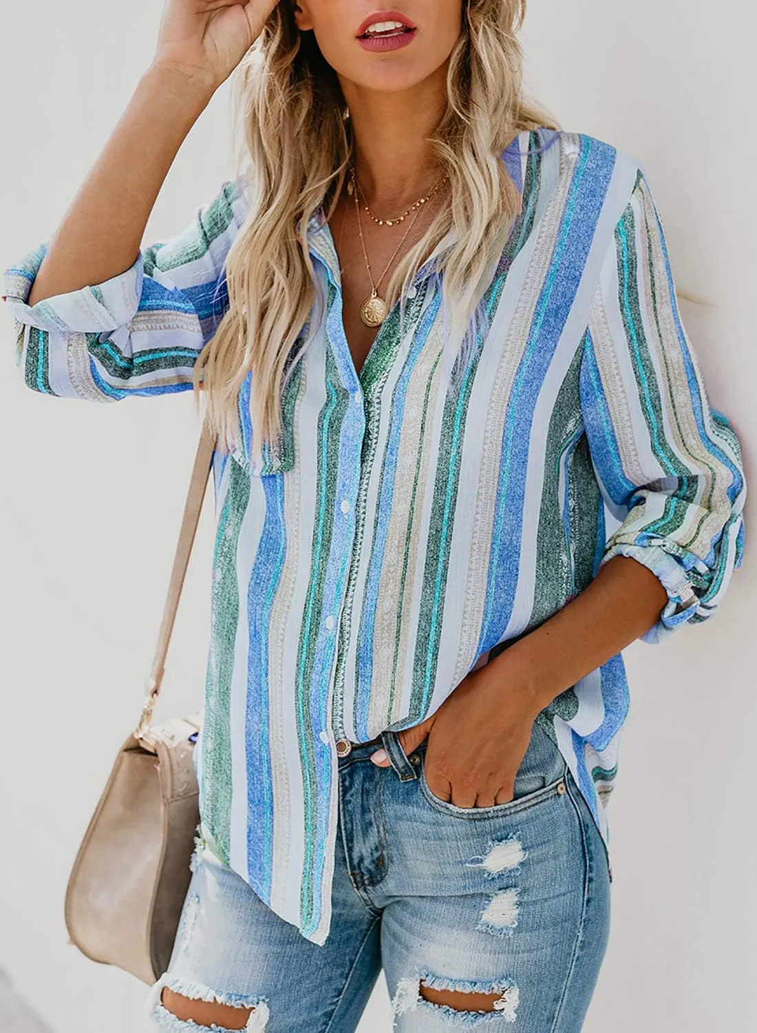 Astylish Women V Neck Striped Roll up Sleeve Button Down Blouse Tops