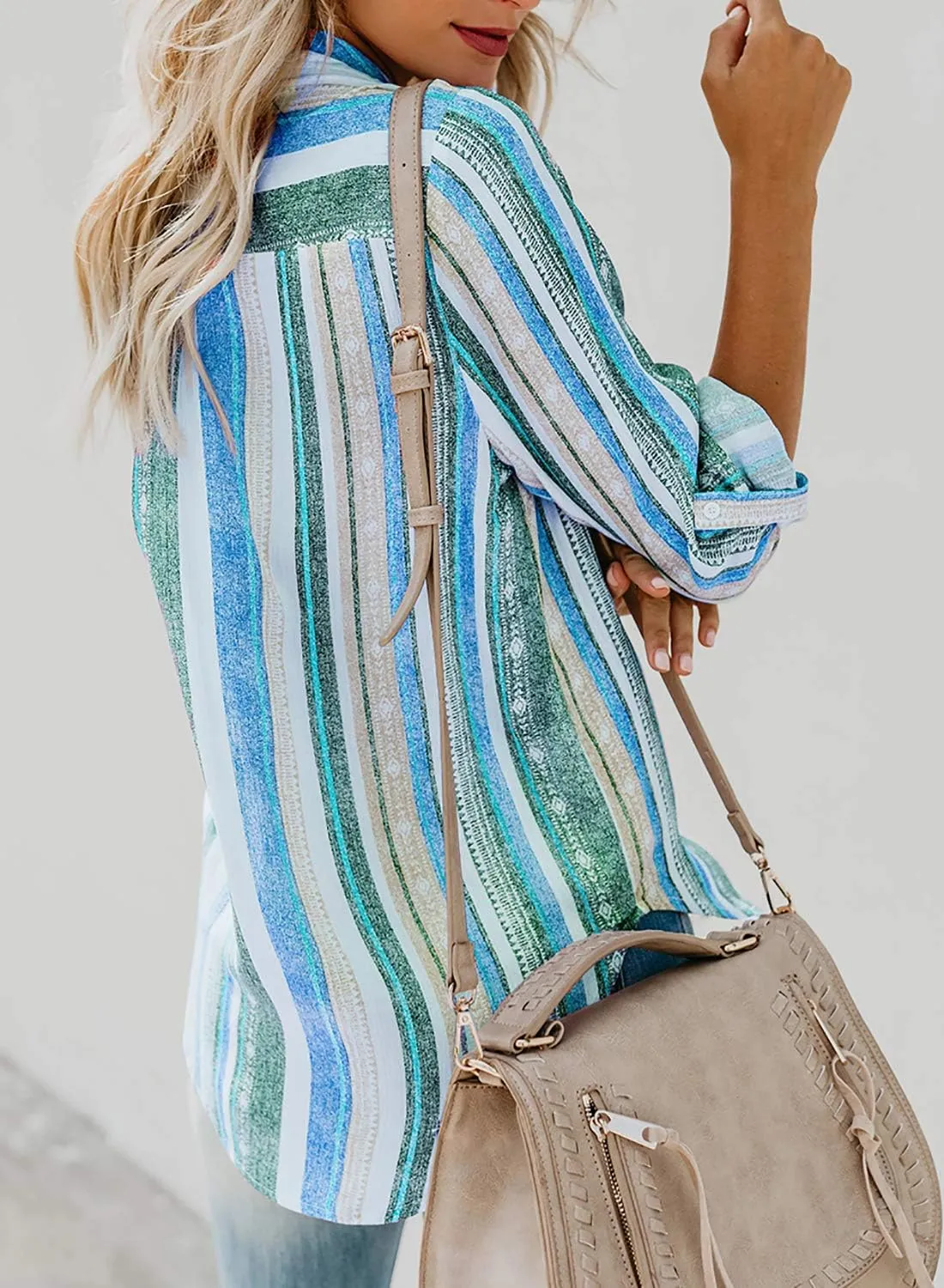 Astylish Women V Neck Striped Roll up Sleeve Button Down Blouse Tops