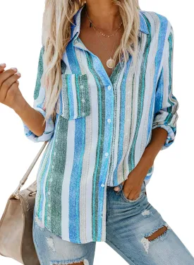 Astylish Women V Neck Striped Roll up Sleeve Button Down Blouse Tops