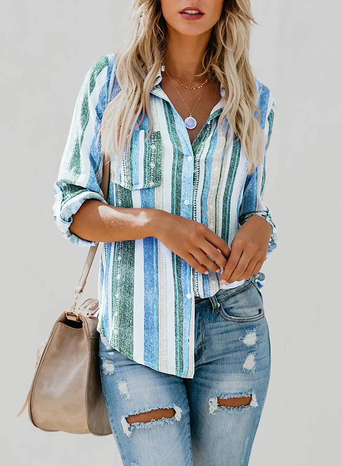 Astylish Women V Neck Striped Roll up Sleeve Button Down Blouse Tops