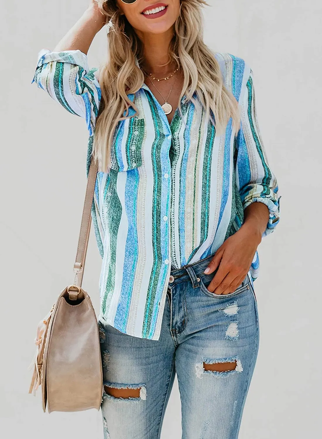 Astylish Women V Neck Striped Roll up Sleeve Button Down Blouse Tops