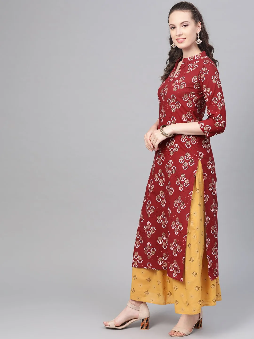 Berry Red & Mustard Yellow Gold Printed Kurta Set With Skirt