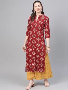 Berry Red & Mustard Yellow Gold Printed Kurta Set With Skirt