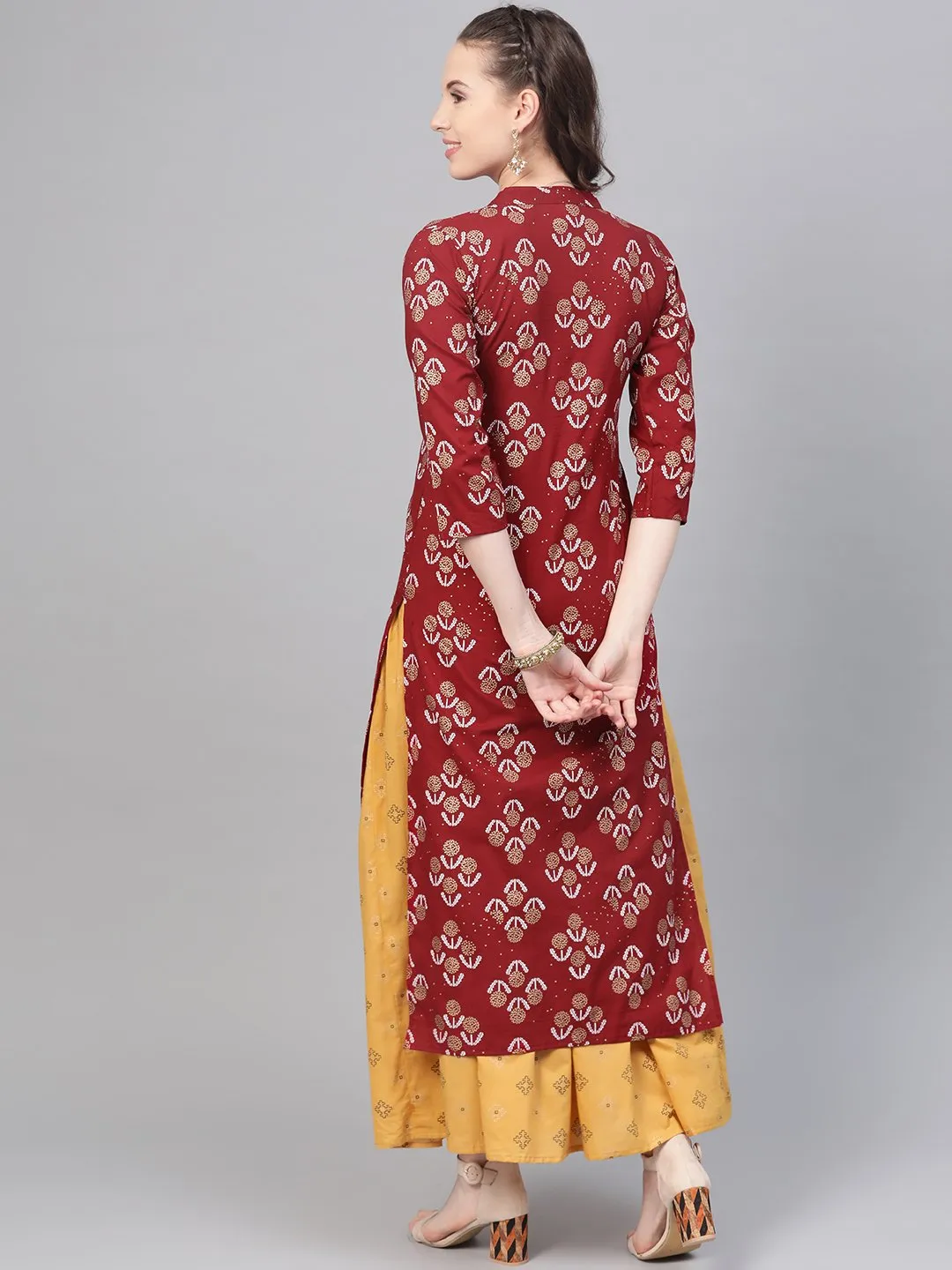 Berry Red & Mustard Yellow Gold Printed Kurta Set With Skirt