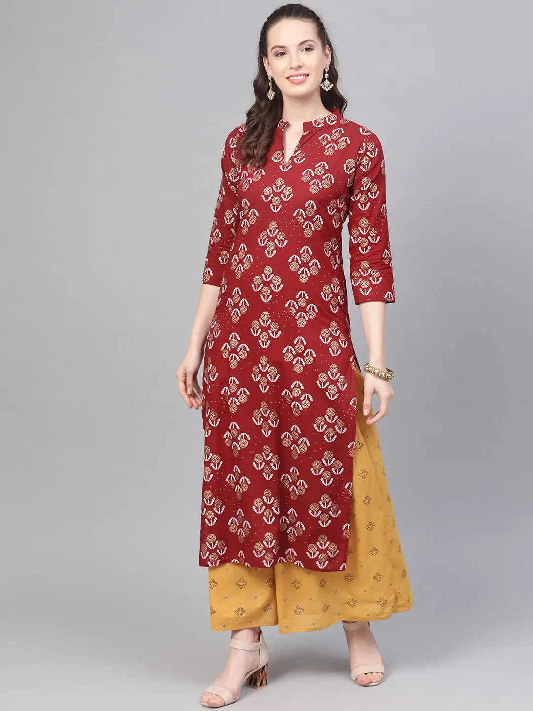 Berry Red & Mustard Yellow Gold Printed Kurta Set With Skirt