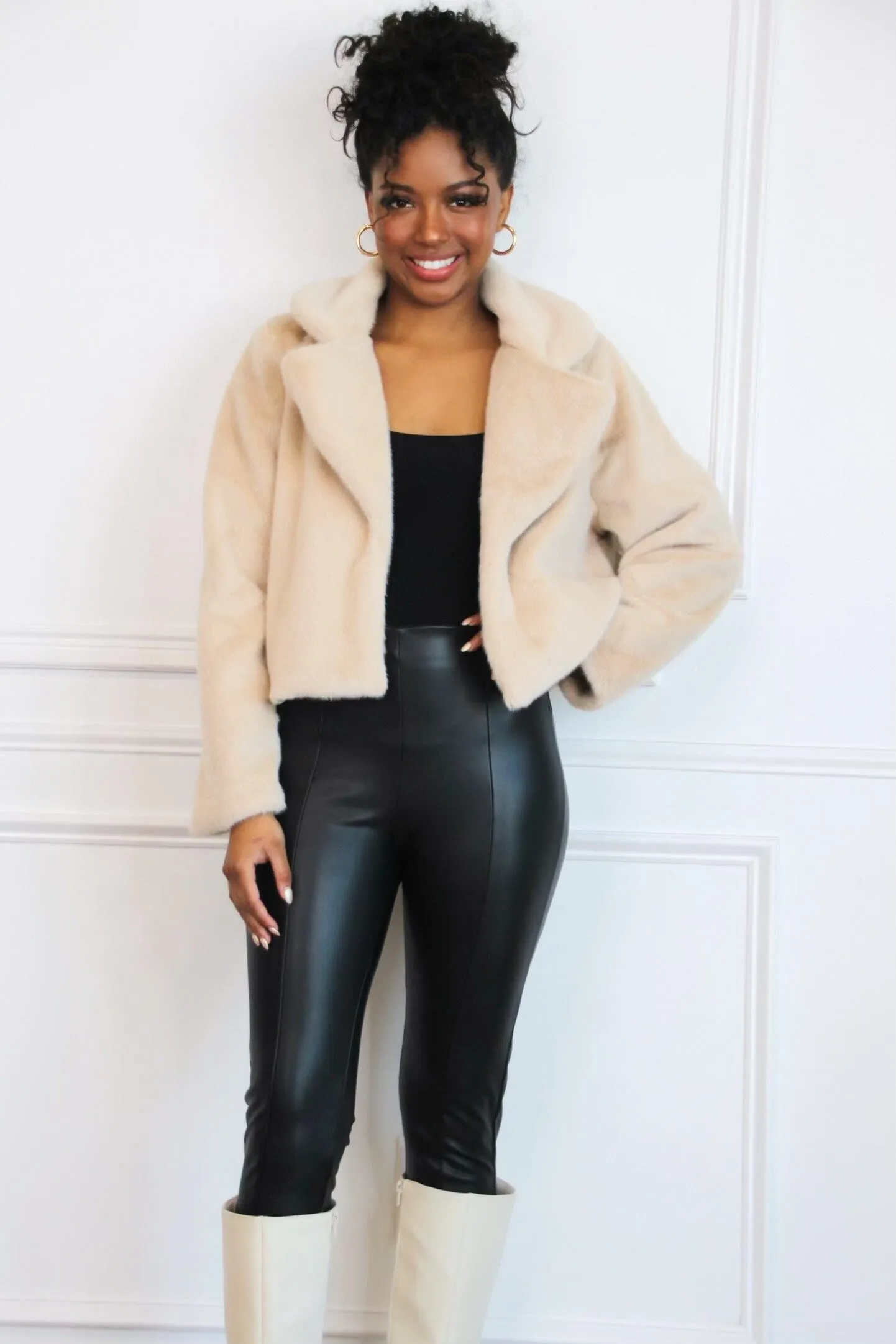 Cline Faux Fur Cropped Jacket: Taupe