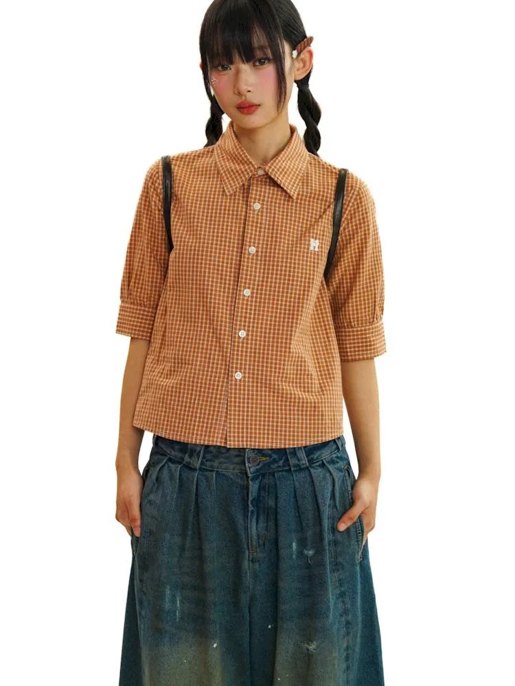 College Style Checkered Short Sleeve Shirt【s0000008581】