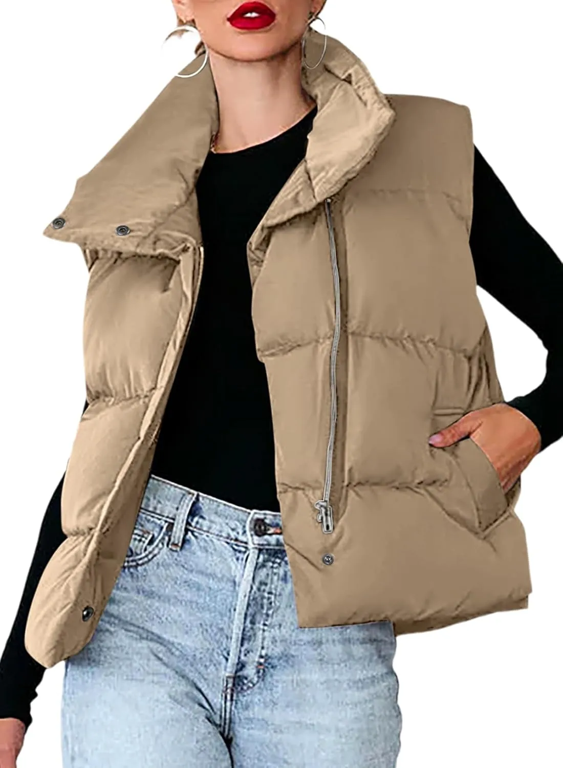 Dokotoo Women's Casual Winter Puffer Vest Sleeveless Cropped Outerwear Warm Lightweight Stand Collar Down Coats with Pockets