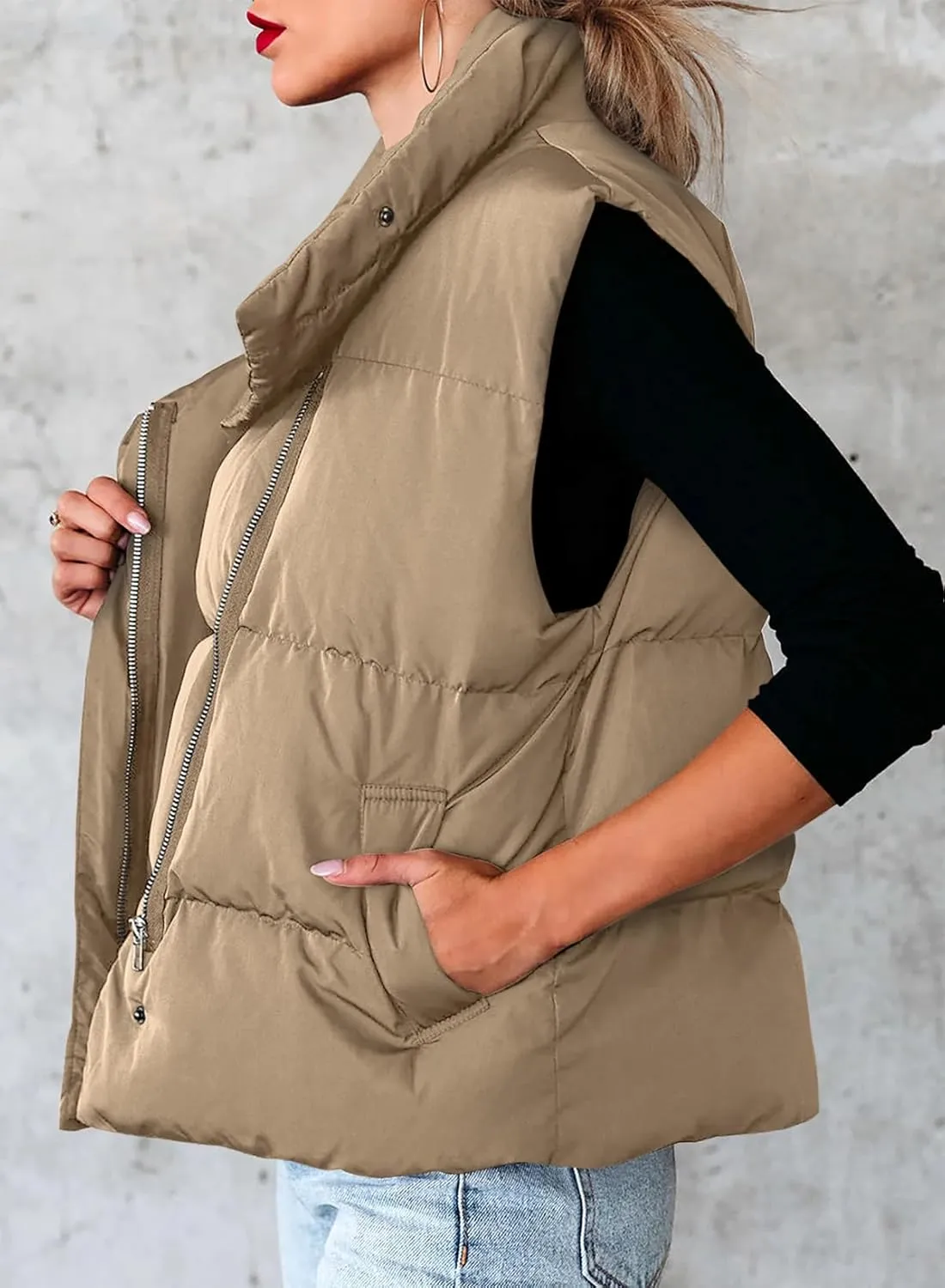 Dokotoo Women's Casual Winter Puffer Vest Sleeveless Cropped Outerwear Warm Lightweight Stand Collar Down Coats with Pockets