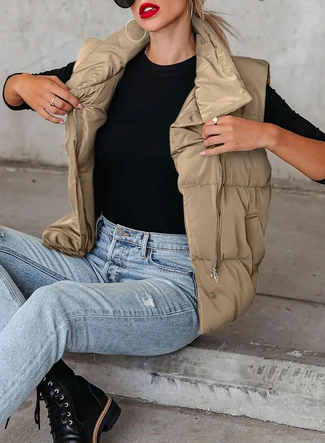 Dokotoo Women's Casual Winter Puffer Vest Sleeveless Cropped Outerwear Warm Lightweight Stand Collar Down Coats with Pockets