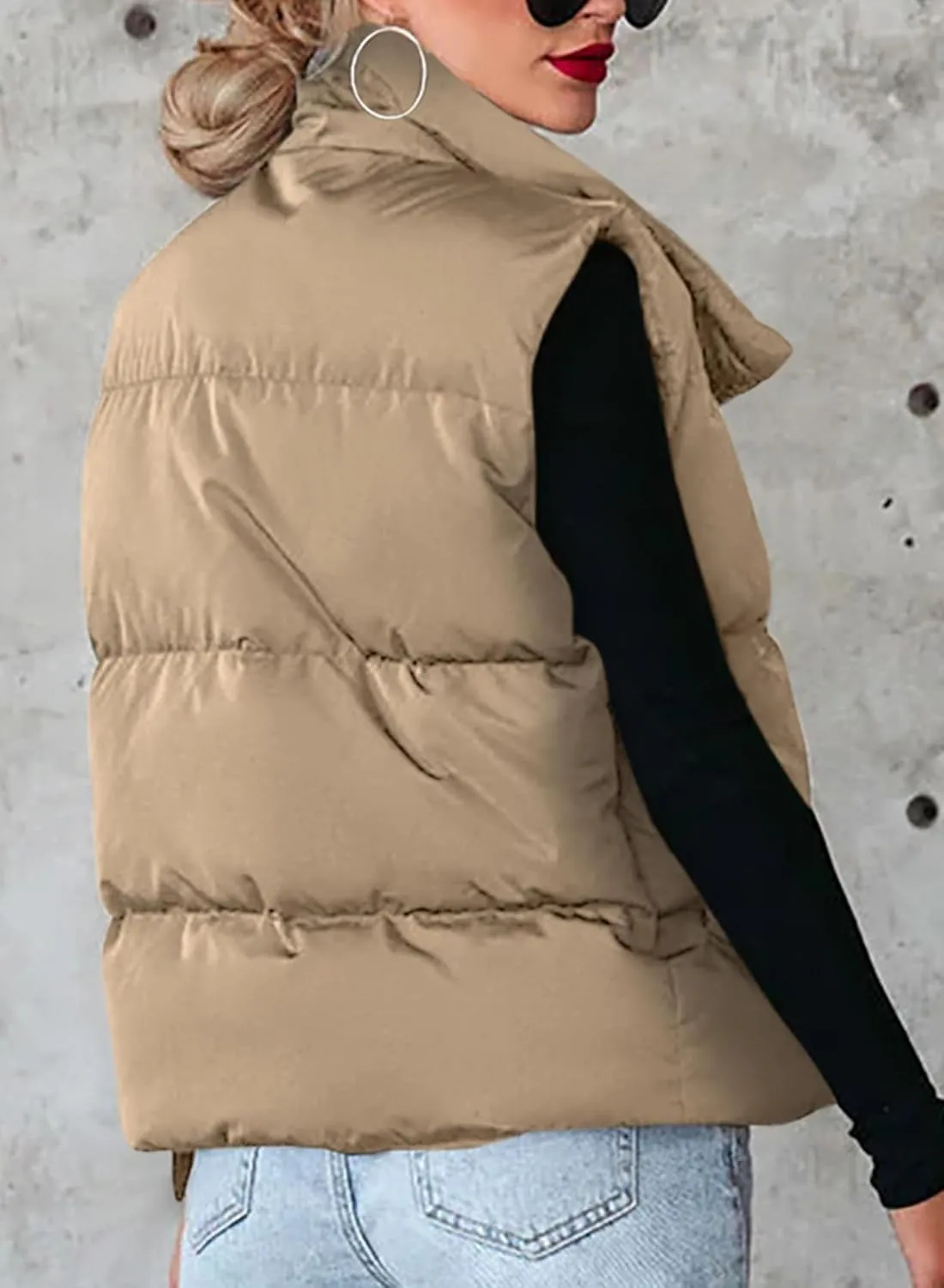 Dokotoo Women's Casual Winter Puffer Vest Sleeveless Cropped Outerwear Warm Lightweight Stand Collar Down Coats with Pockets