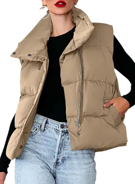 Dokotoo Women's Casual Winter Puffer Vest Sleeveless Cropped Outerwear Warm Lightweight Stand Collar Down Coats with Pockets