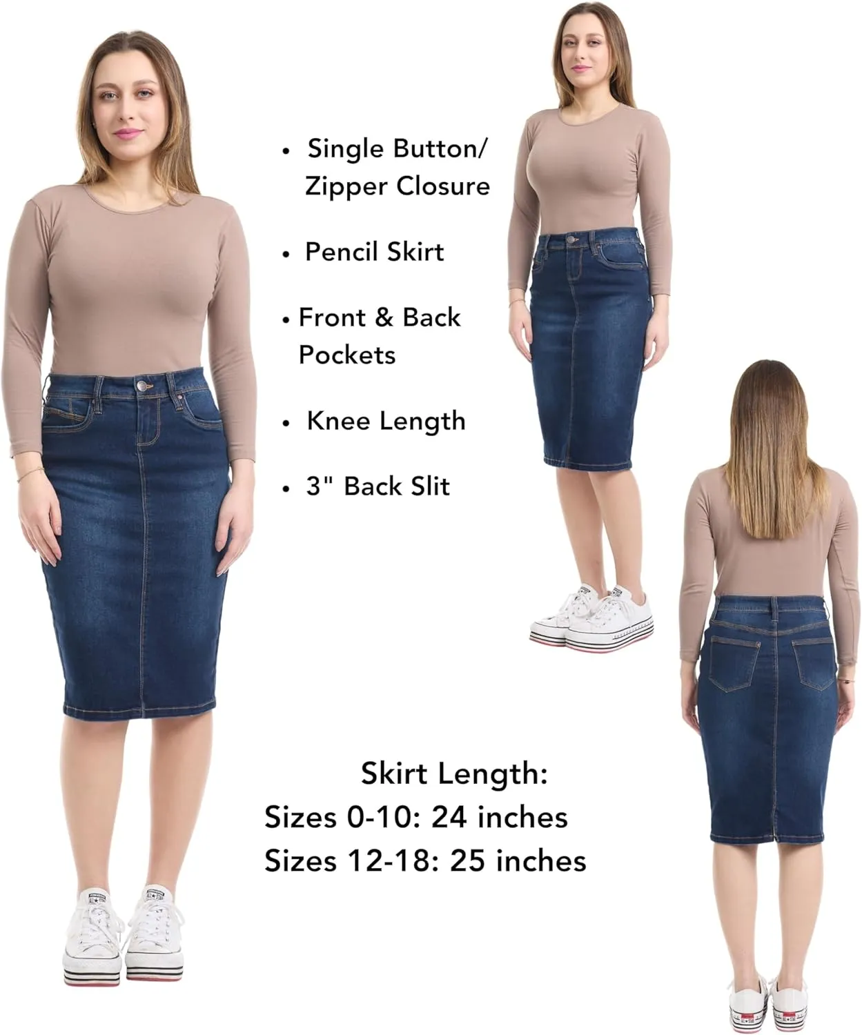 ESTEEZ Repreve Denim Knee-Length Jean Skirt for Women with Pockets - Melrose