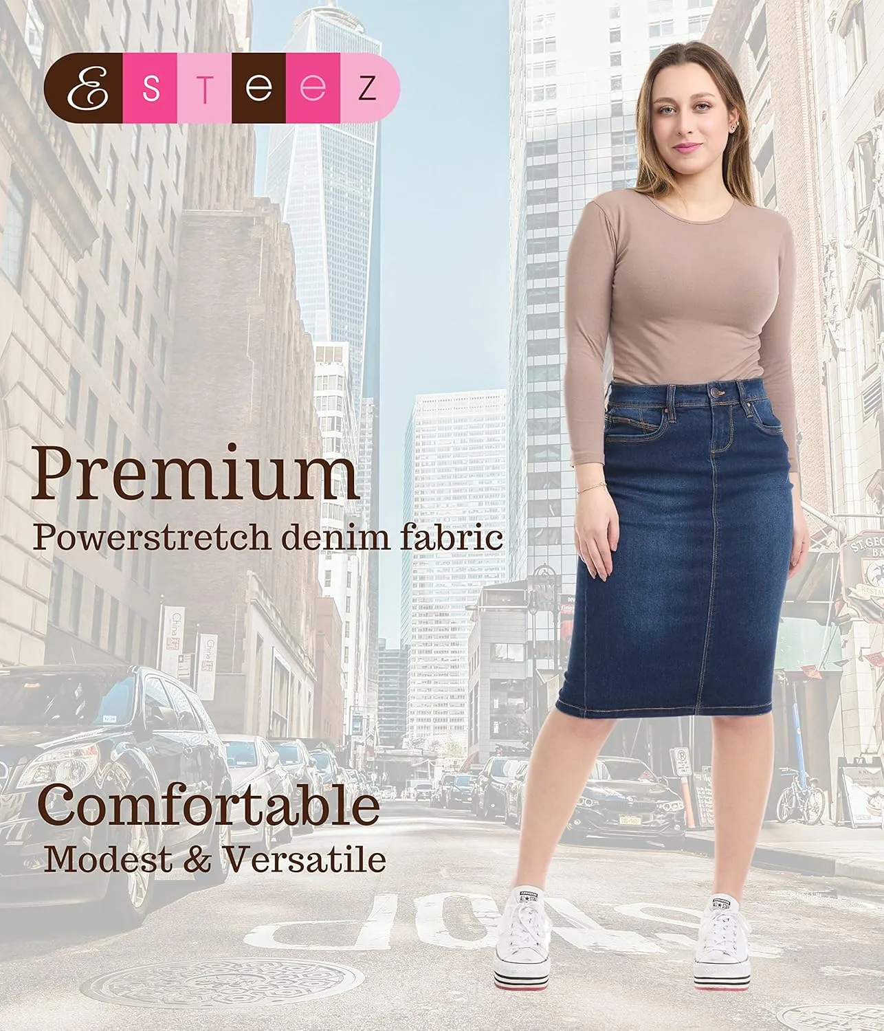 ESTEEZ Repreve Denim Knee-Length Jean Skirt for Women with Pockets - Melrose