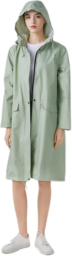 Freesmily Womens Stylish Long Raincoat Rain Jacket with Hood Zipper Button and Pockets Muti Colors Polka Dots