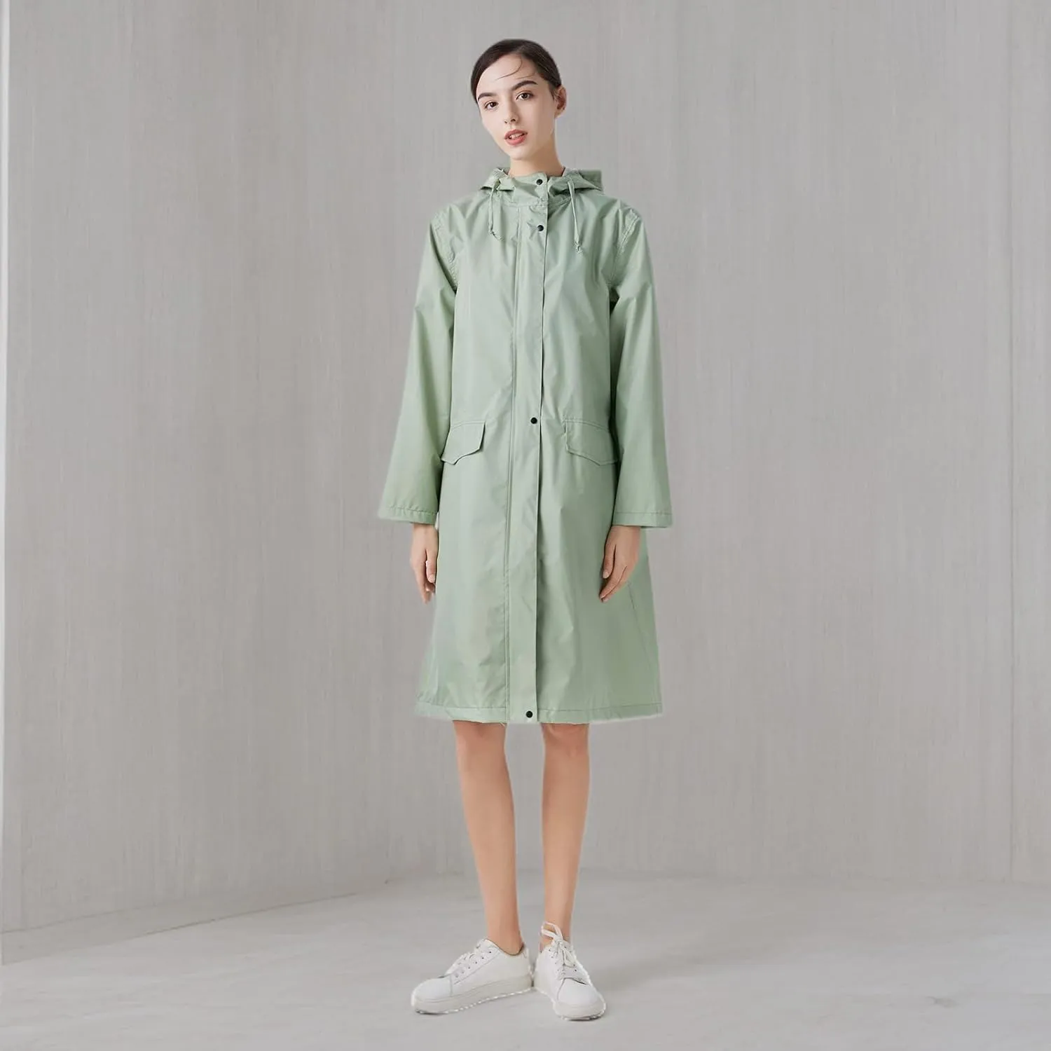 Freesmily Womens Stylish Long Raincoat Rain Jacket with Hood Zipper Button and Pockets Muti Colors Polka Dots