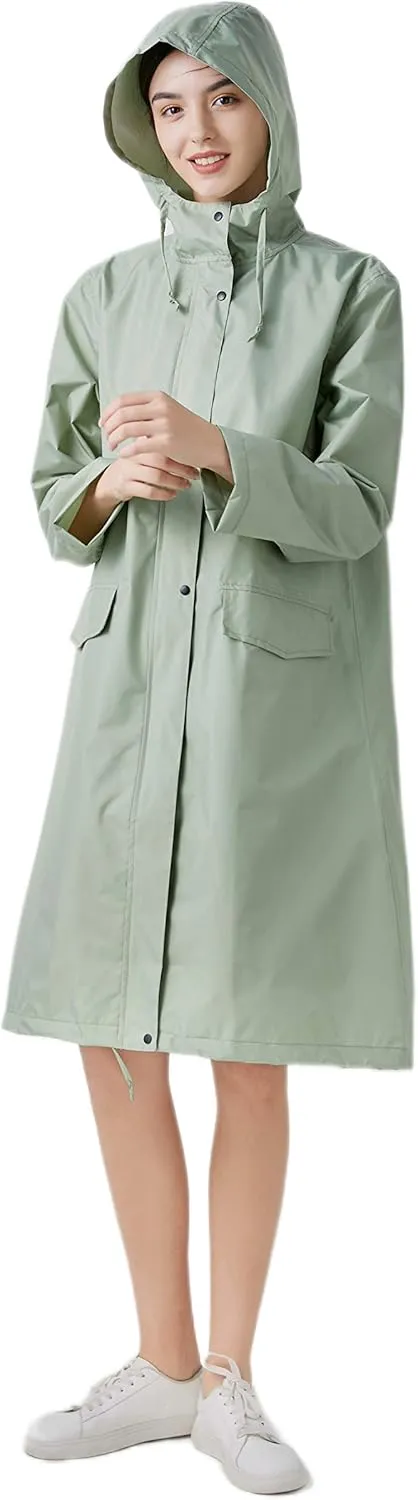 Freesmily Womens Stylish Long Raincoat Rain Jacket with Hood Zipper Button and Pockets Muti Colors Polka Dots