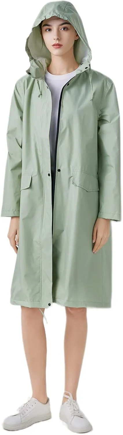 Freesmily Womens Stylish Long Raincoat Rain Jacket with Hood Zipper Button and Pockets Muti Colors Polka Dots