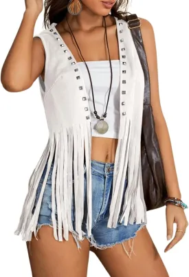 GORGLITTER Women's Fringe Vest Sleeveless Western Country Concert Cowgirl Outfits 70s Hippie Faux Suede Jacket Cardigan
