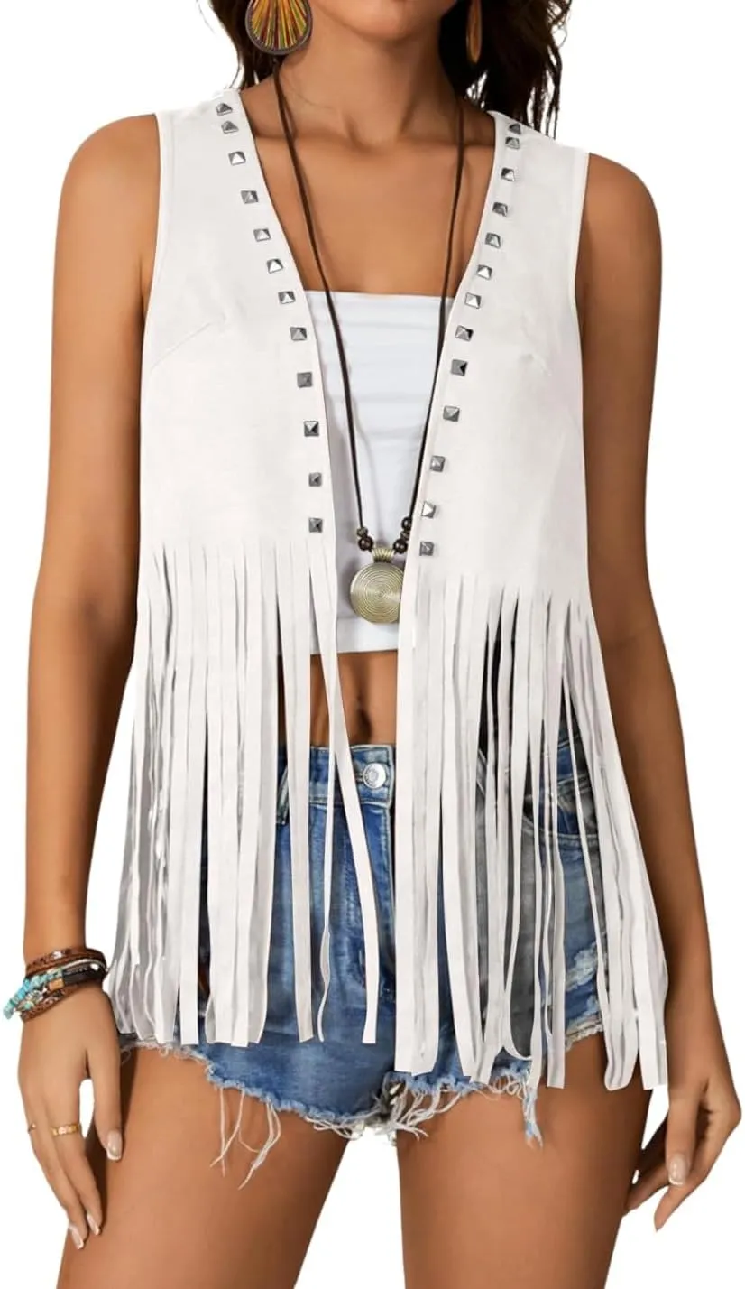 GORGLITTER Women's Fringe Vest Sleeveless Western Country Concert Cowgirl Outfits 70s Hippie Faux Suede Jacket Cardigan