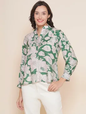 Green & Off White Printed Shirt Style Top