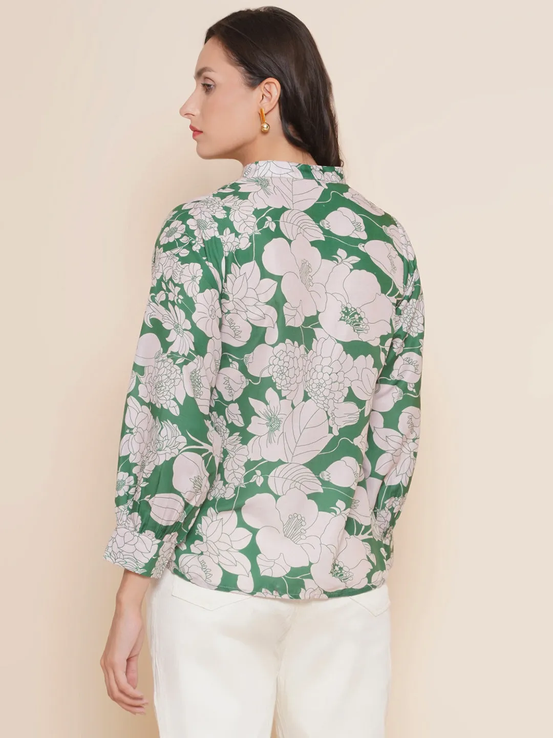 Green & Off White Printed Shirt Style Top