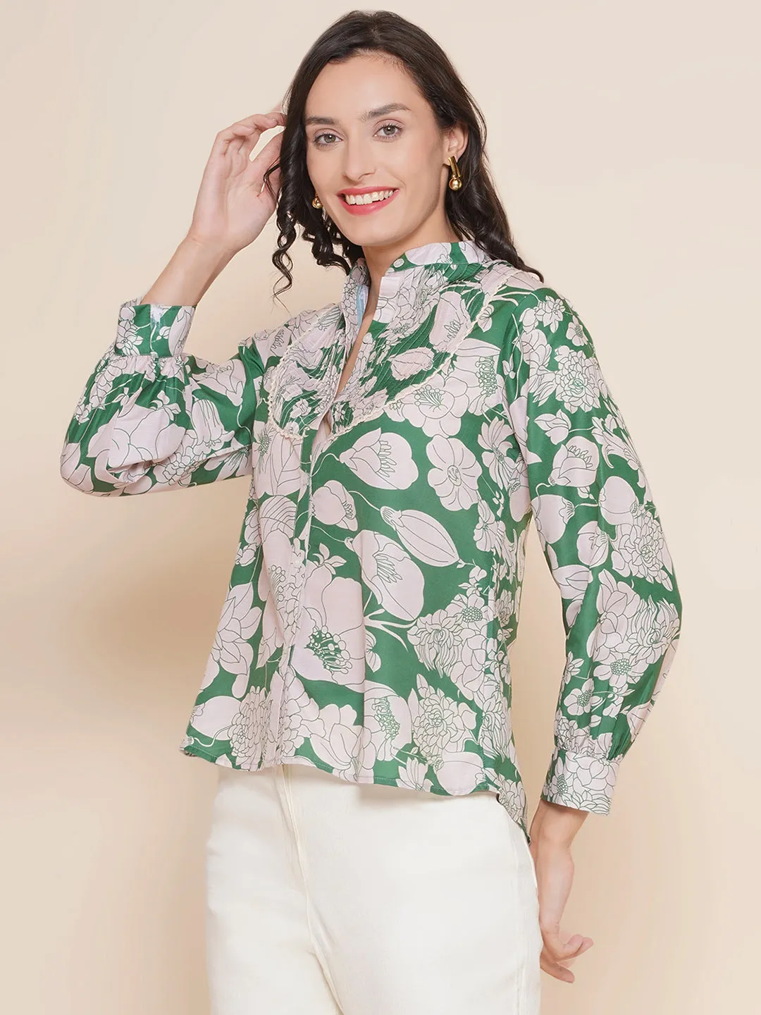 Green & Off White Printed Shirt Style Top