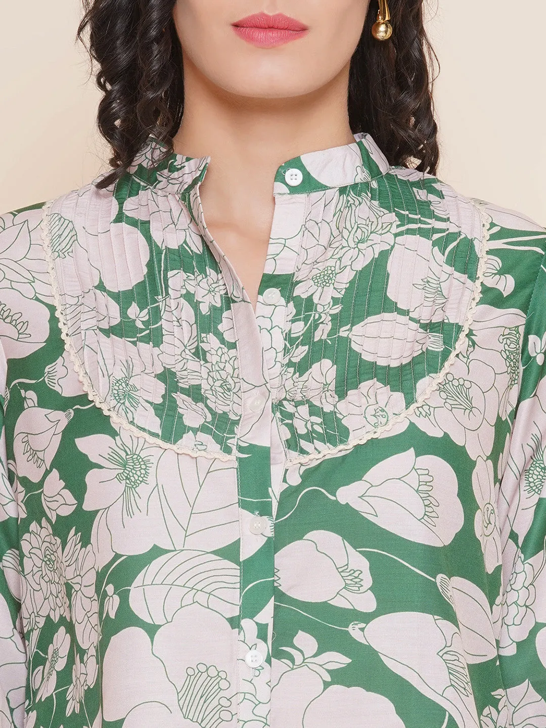 Green & Off White Printed Shirt Style Top