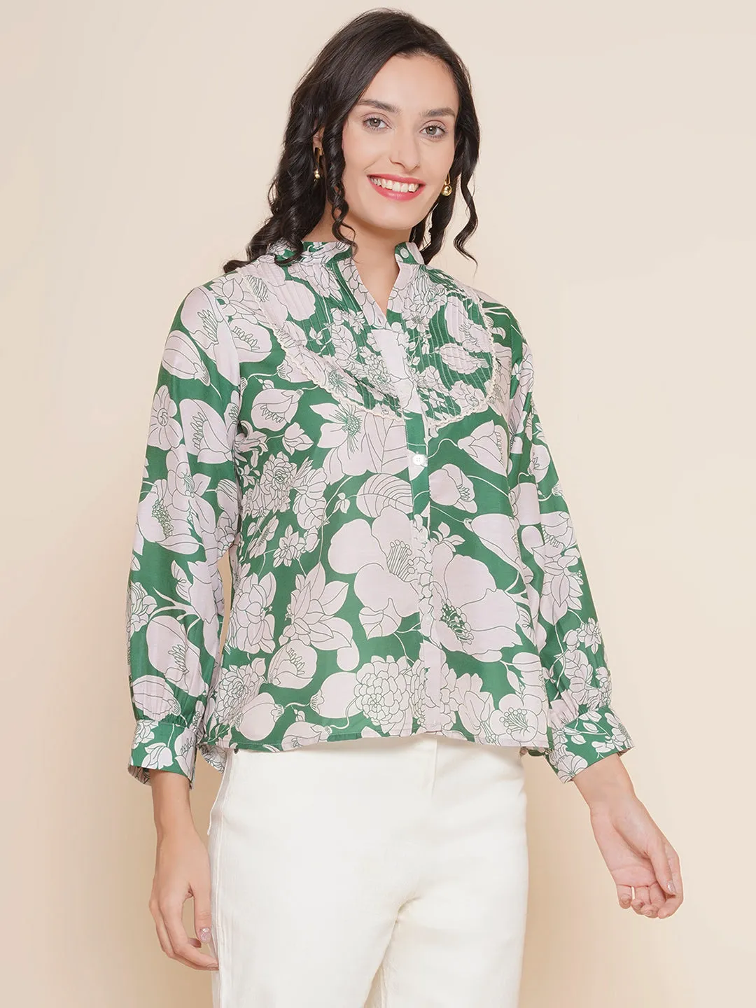 Green & Off White Printed Shirt Style Top