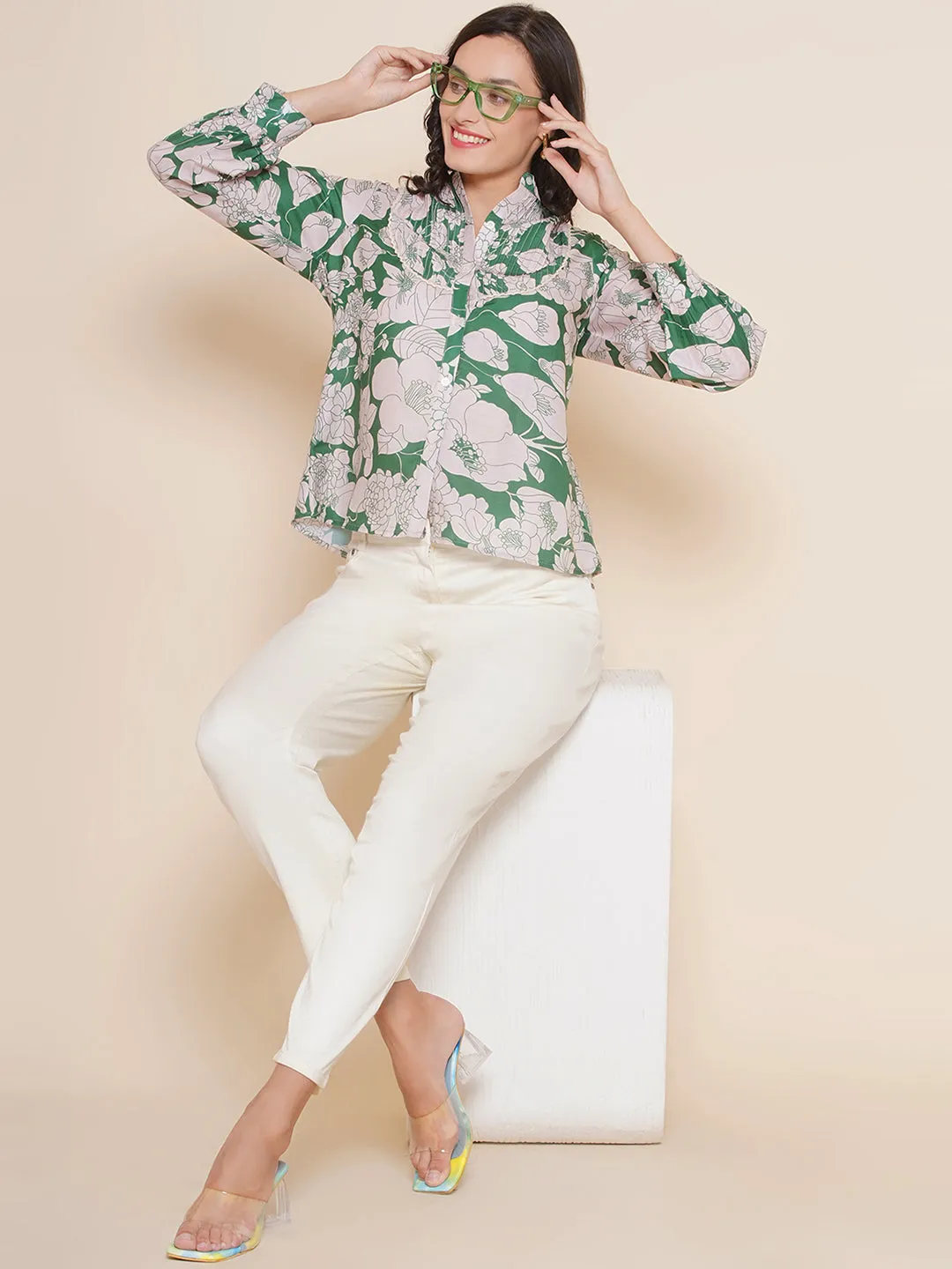 Green & Off White Printed Shirt Style Top