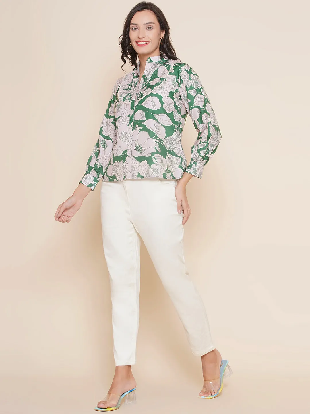 Green & Off White Printed Shirt Style Top