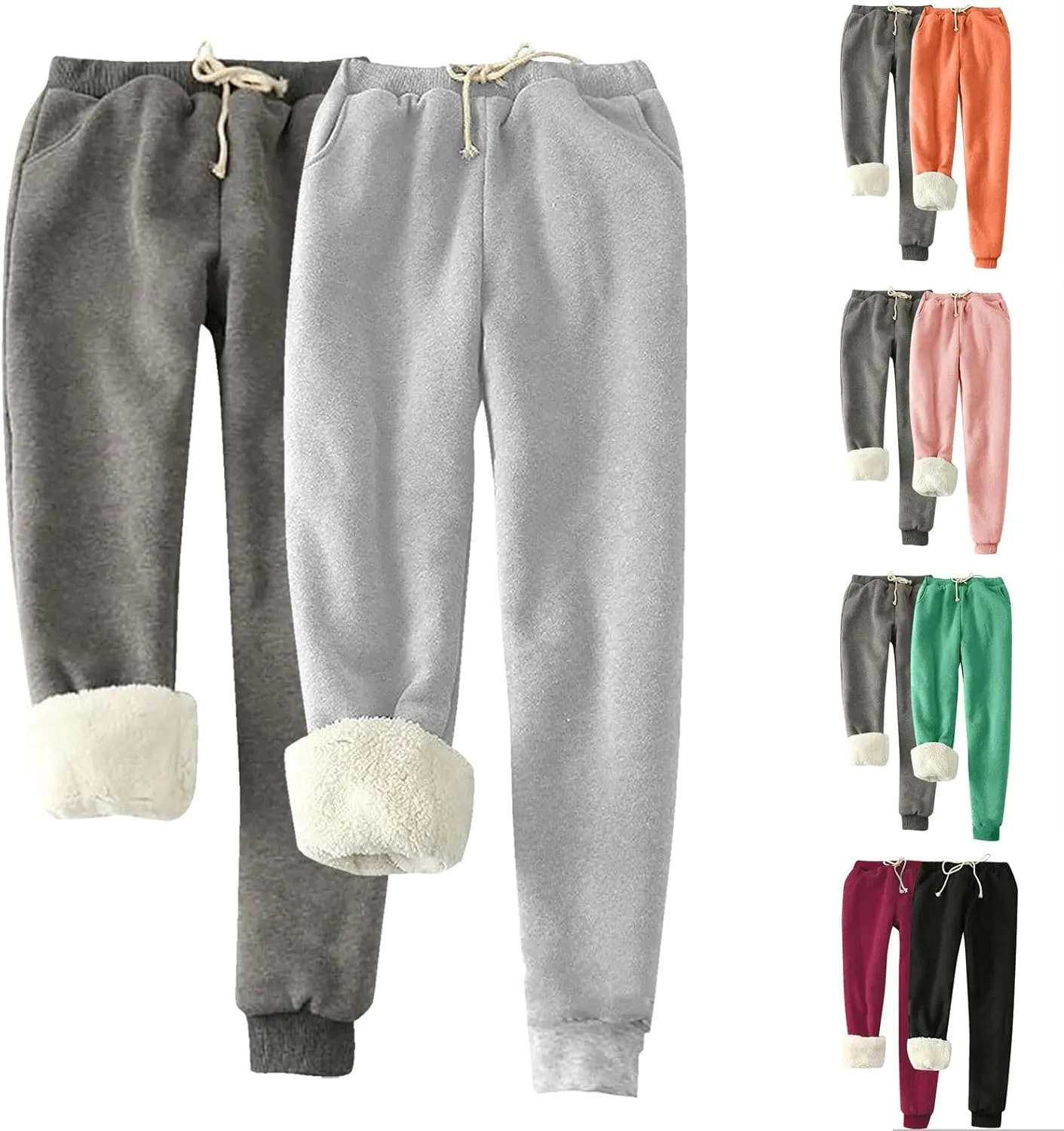 HGps8w Women's Sherpa Lined Sweatpants Pack of 2 - Winter Warm Fleece Joggers Elastic Waist Comfy Lounge Pants with Pockets