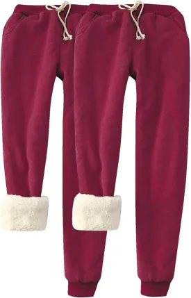 HGps8w Women's Sherpa Lined Sweatpants Pack of 2 - Winter Warm Fleece Joggers Elastic Waist Comfy Lounge Pants with Pockets