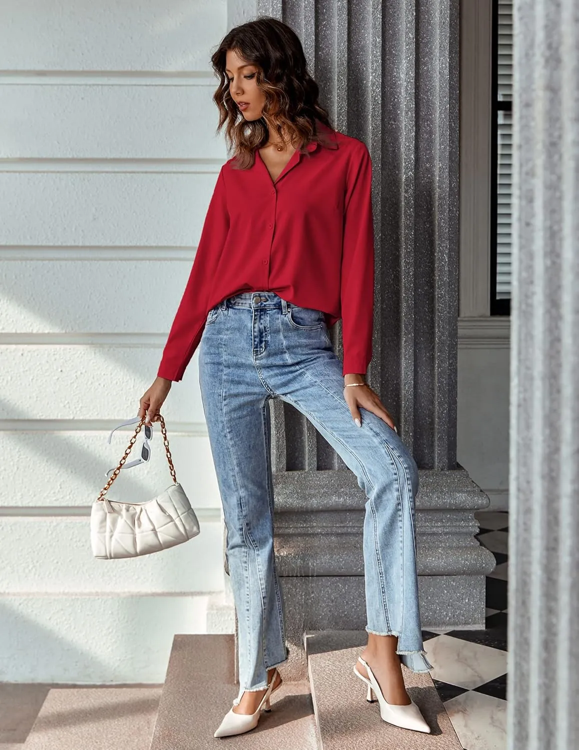 HOTOUCH Women Chiffon Button Down Shirts Long Sleeve Office Blouses Casual Business Work Tops Collared Shirt S-XXL