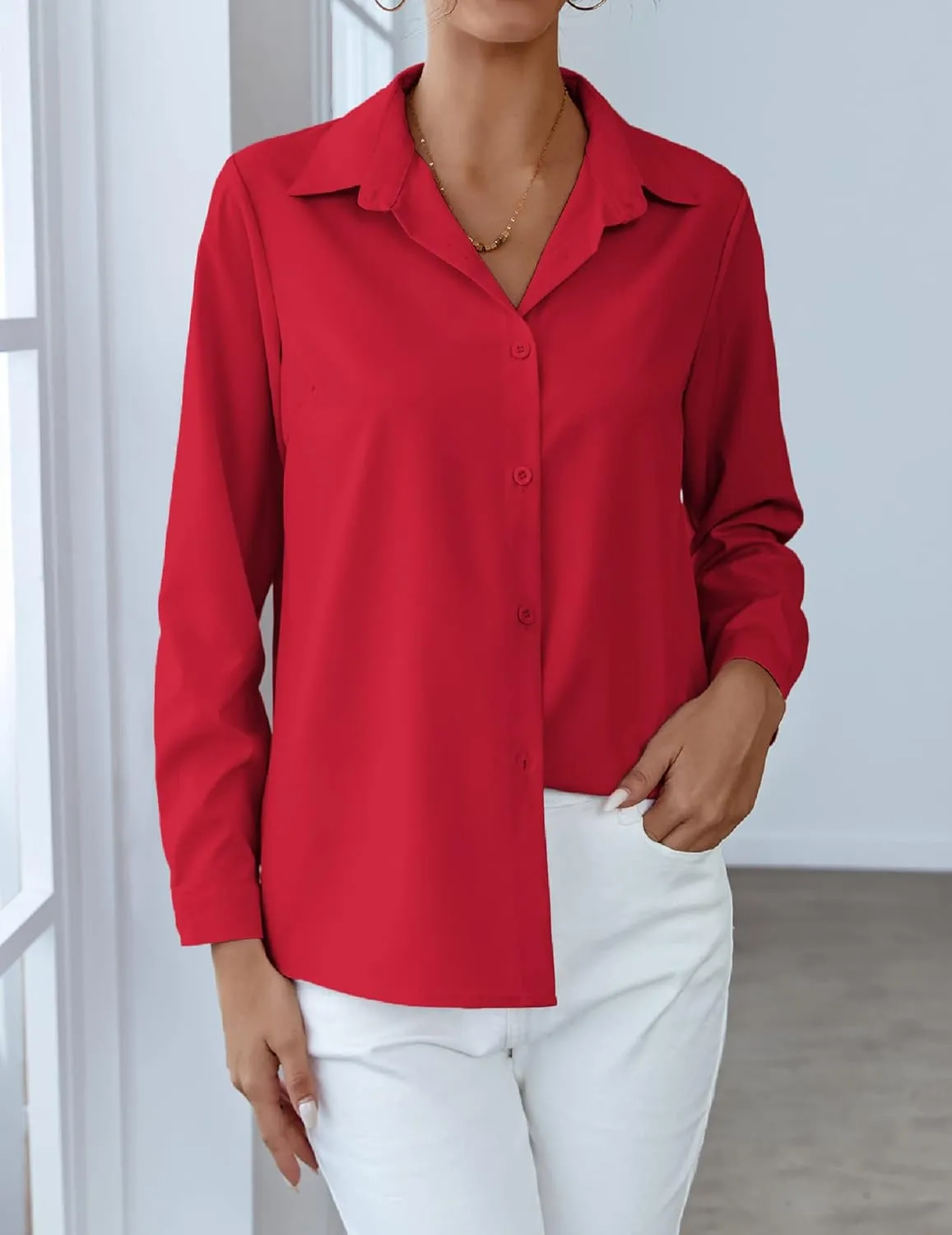 HOTOUCH Women Chiffon Button Down Shirts Long Sleeve Office Blouses Casual Business Work Tops Collared Shirt S-XXL