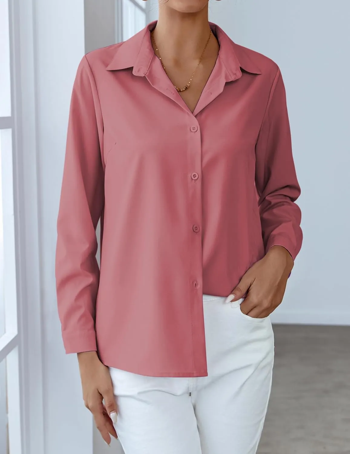 HOTOUCH Women Chiffon Button Down Shirts Long Sleeve Office Blouses Casual Business Work Tops Collared Shirt S-XXL