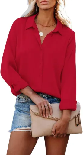 HOTOUCH Women Chiffon Button Down Shirts Long Sleeve Office Blouses Casual Business Work Tops Collared Shirt S-XXL