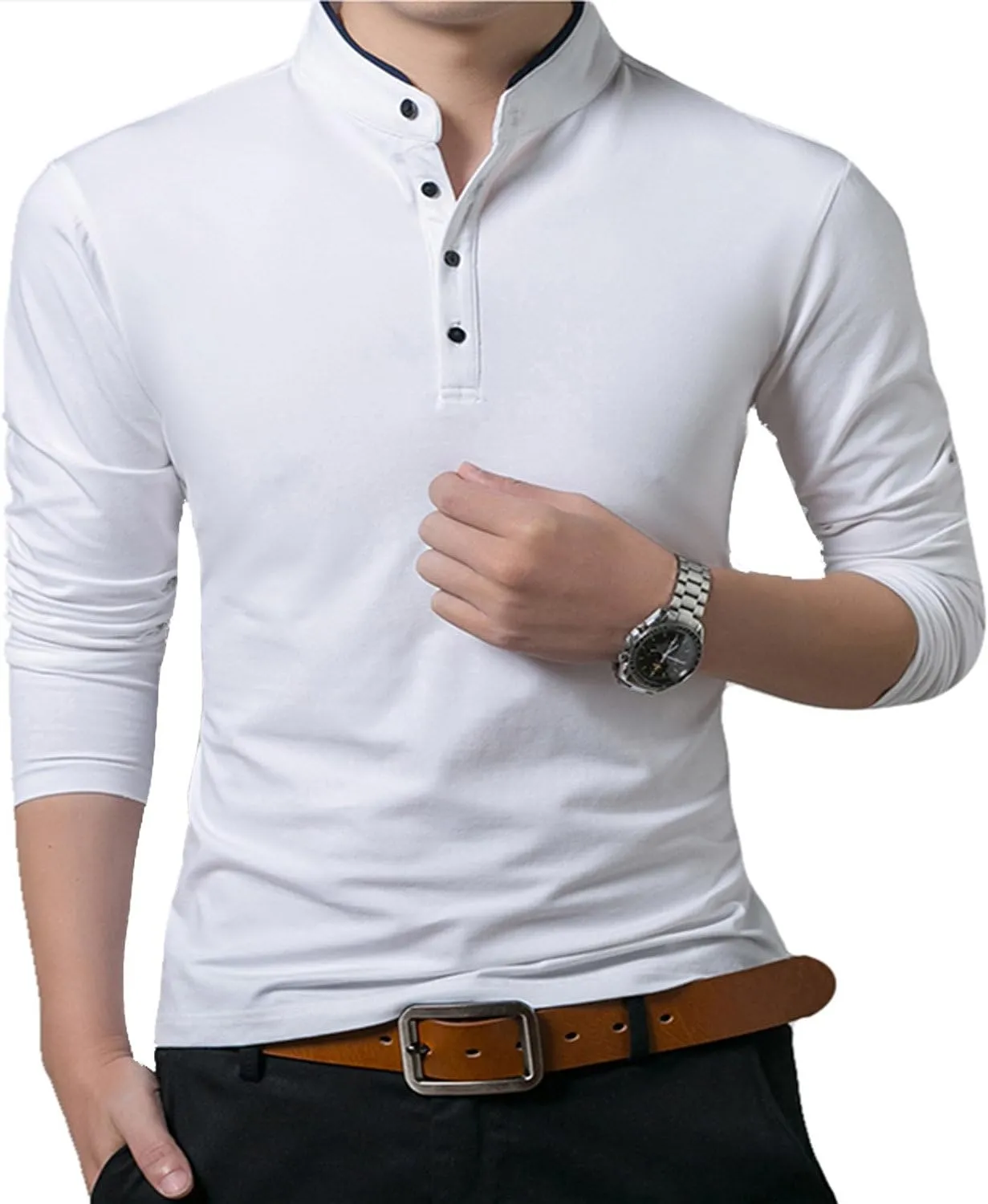 KUYIGO Men Casual Long Sleeve Polo Shirts Mandarin Collared Slim Fit Fashion Cotton Tops