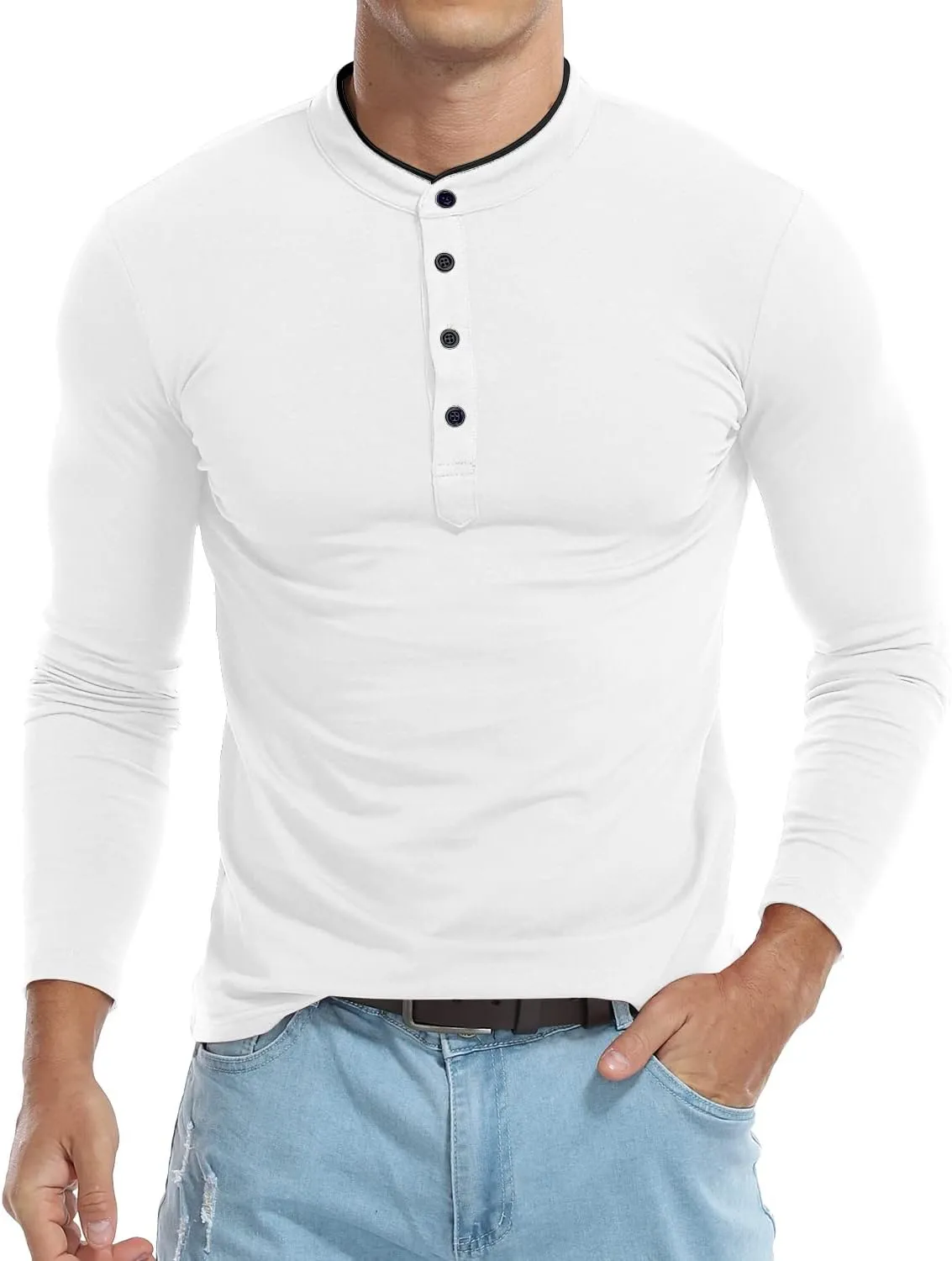 KUYIGO Men Casual Long Sleeve Polo Shirts Mandarin Collared Slim Fit Fashion Cotton Tops