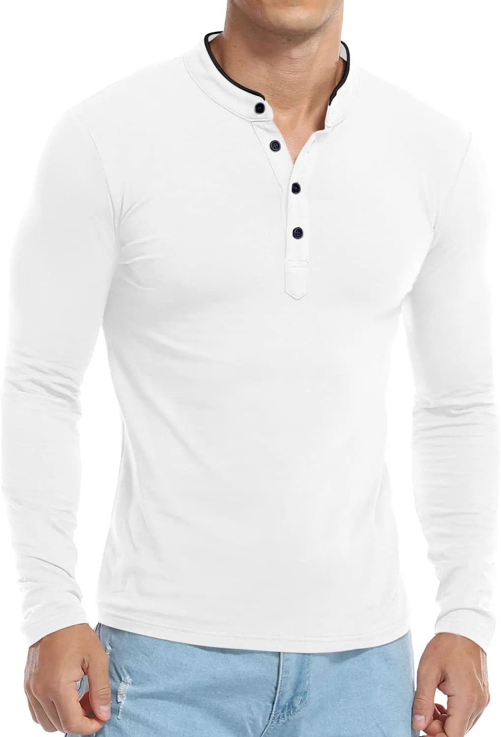 KUYIGO Men Casual Long Sleeve Polo Shirts Mandarin Collared Slim Fit Fashion Cotton Tops
