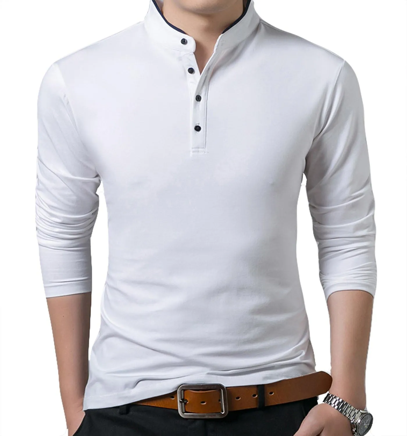 KUYIGO Men Casual Long Sleeve Polo Shirts Mandarin Collared Slim Fit Fashion Cotton Tops